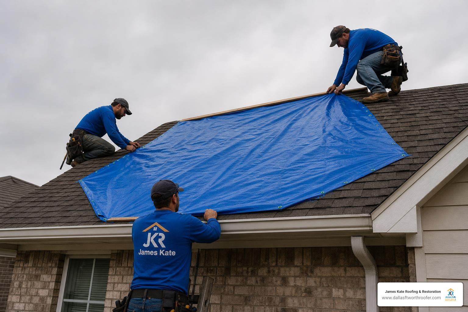 professional roofing crew securing emergency protective tarp on damaged roof slope professional roofing crew securing emergency protective tarp on damaged roof slope