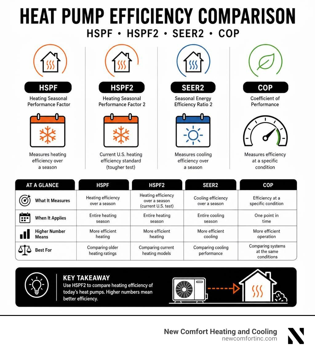 HSPF HSPF2 SEER2 and COP heat pump efficiency comparison infographic HSPF HSPF2 SEER2 and COP heat pump efficiency comparison infographic