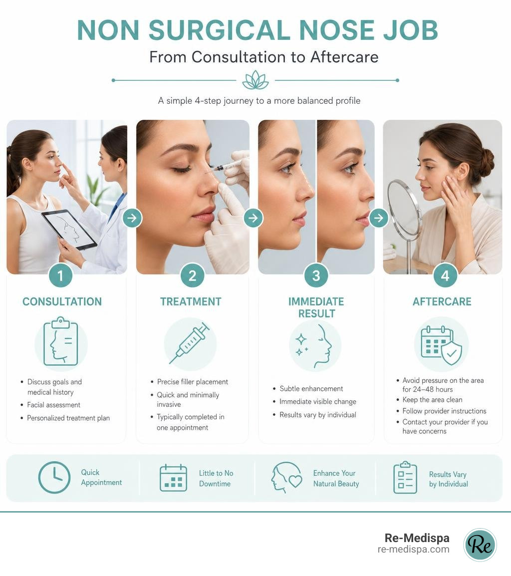 Non surgical nose job consultation, treatment, immediate result, and aftercare steps infographic