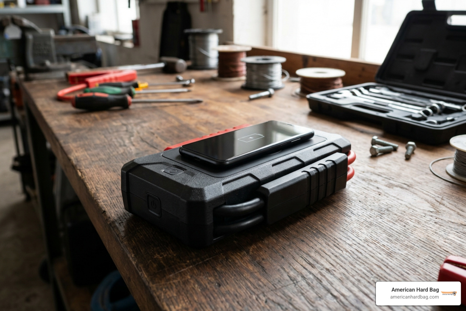 Qi wireless charging pad on top of jump starter unit Qi wireless charging pad on top of jump starter unit