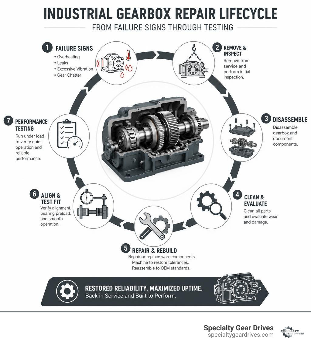 Industrial gearbox repair lifecycle from failure signs through testing infographic