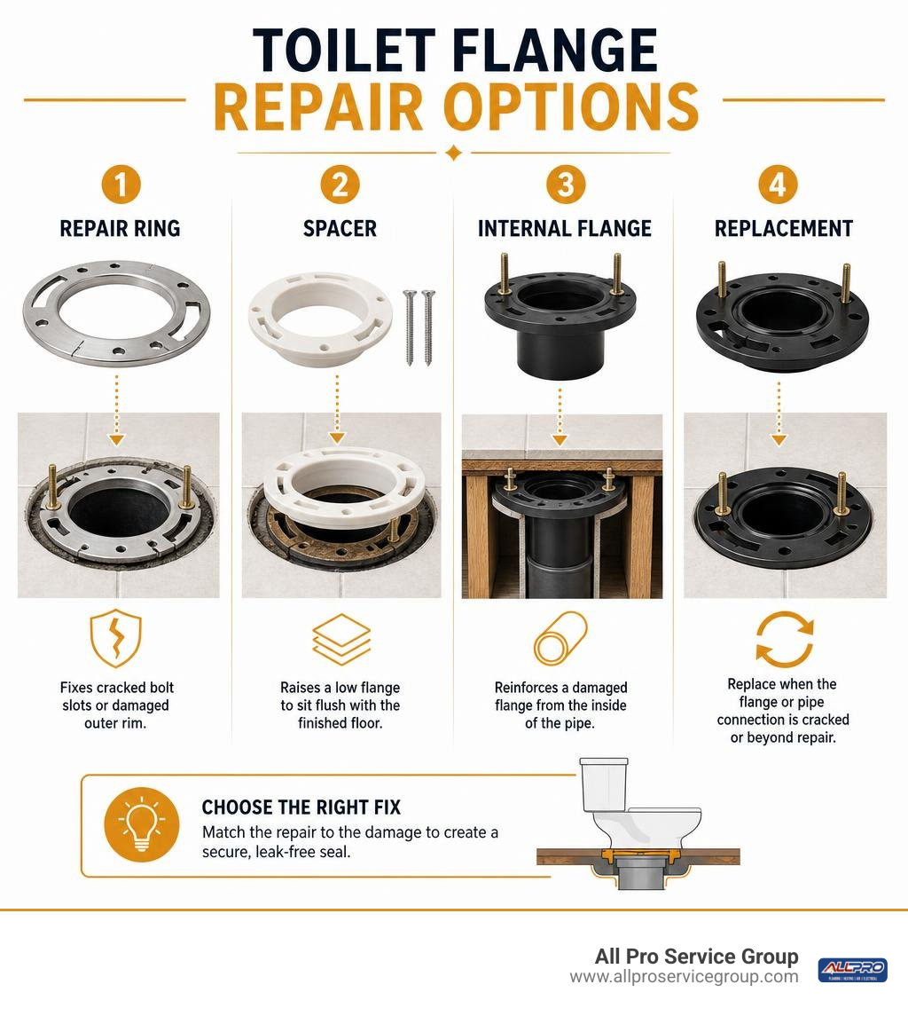 Toilet flange repair options: repair ring, spacer, internal flange, and replacement infographic