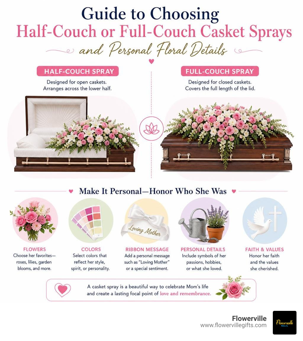 Guide to choosing half-couch or full-couch casket sprays and personal floral details infographic Guide to choosing half-couch or full-couch casket sprays and personal floral details infographic
