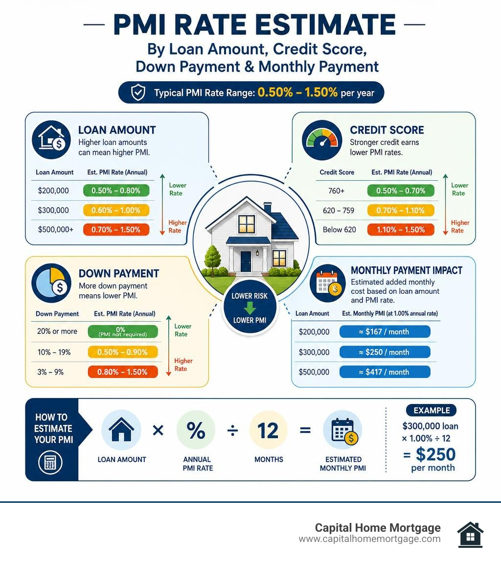PMI rate estimate by loan amount, credit score, down payment, and monthly payment infographic PMI rate estimate by loan amount, credit score, down payment, and monthly payment infographic