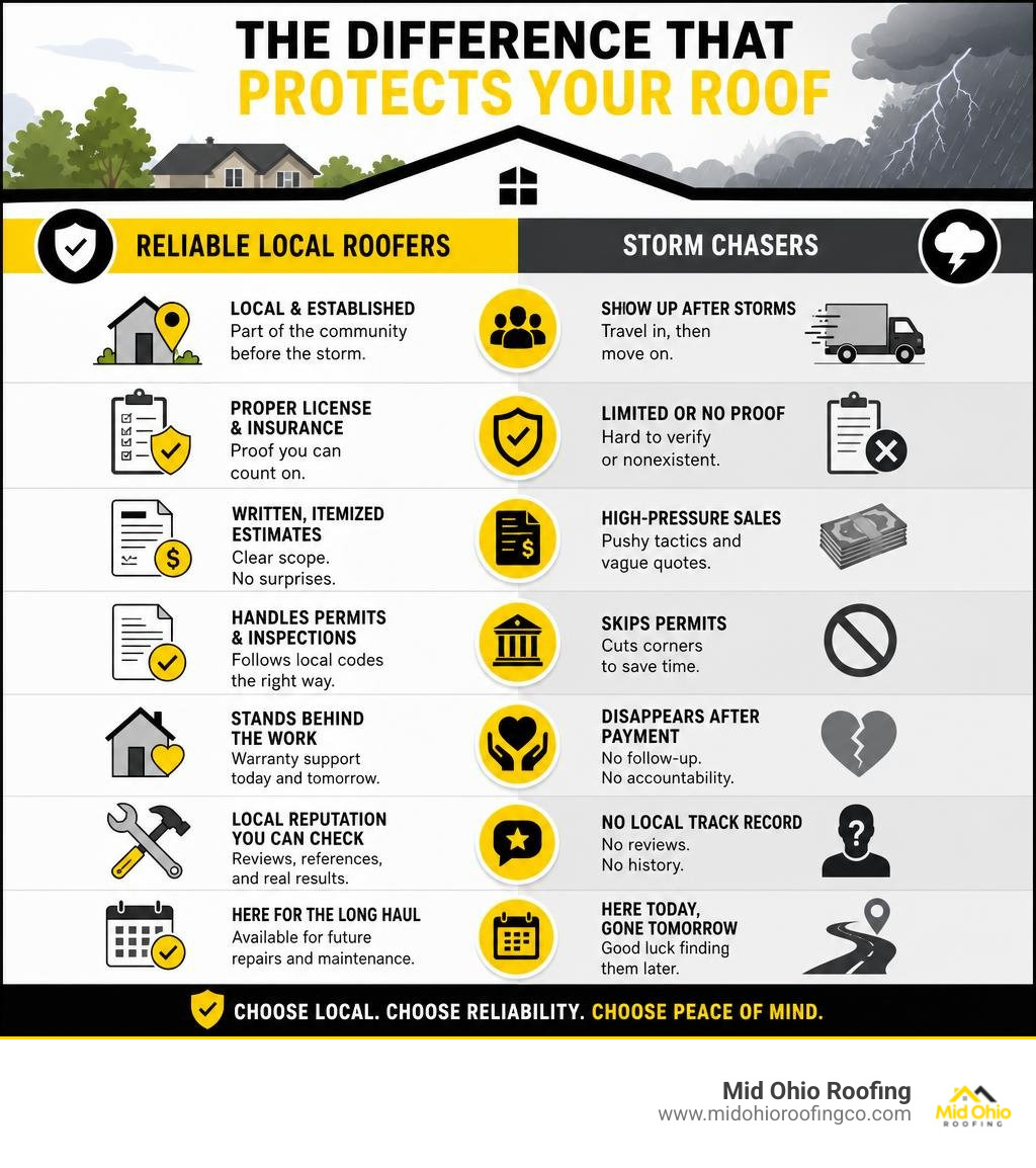 Infographic comparing reliable local roofers and storm chasers infographic