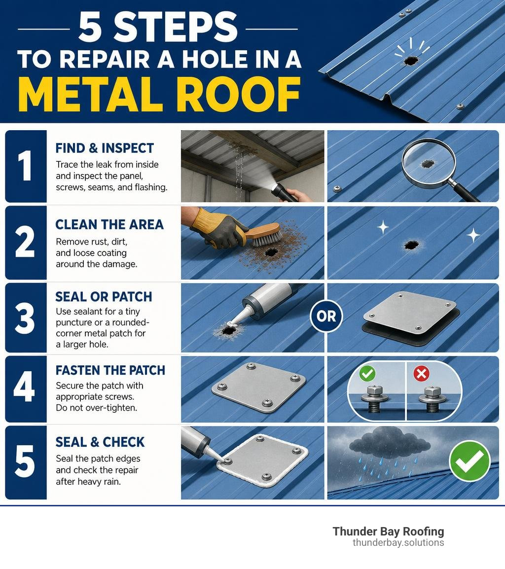 Five steps to repair a hole in a metal roof infographic Five steps to repair a hole in a metal roof infographic