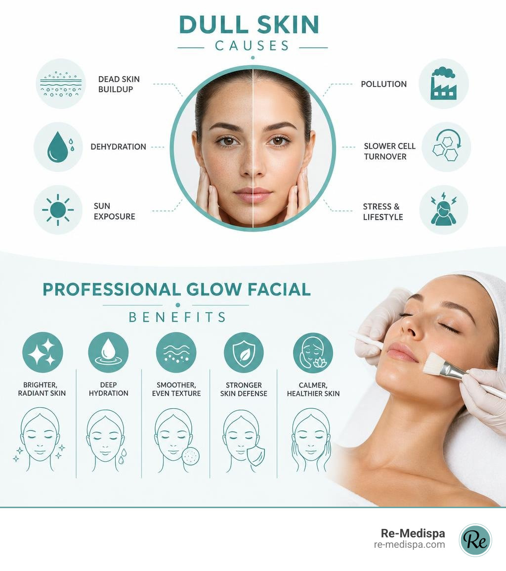 Infographic showing dull skin causes and professional glow facial benefits infographic