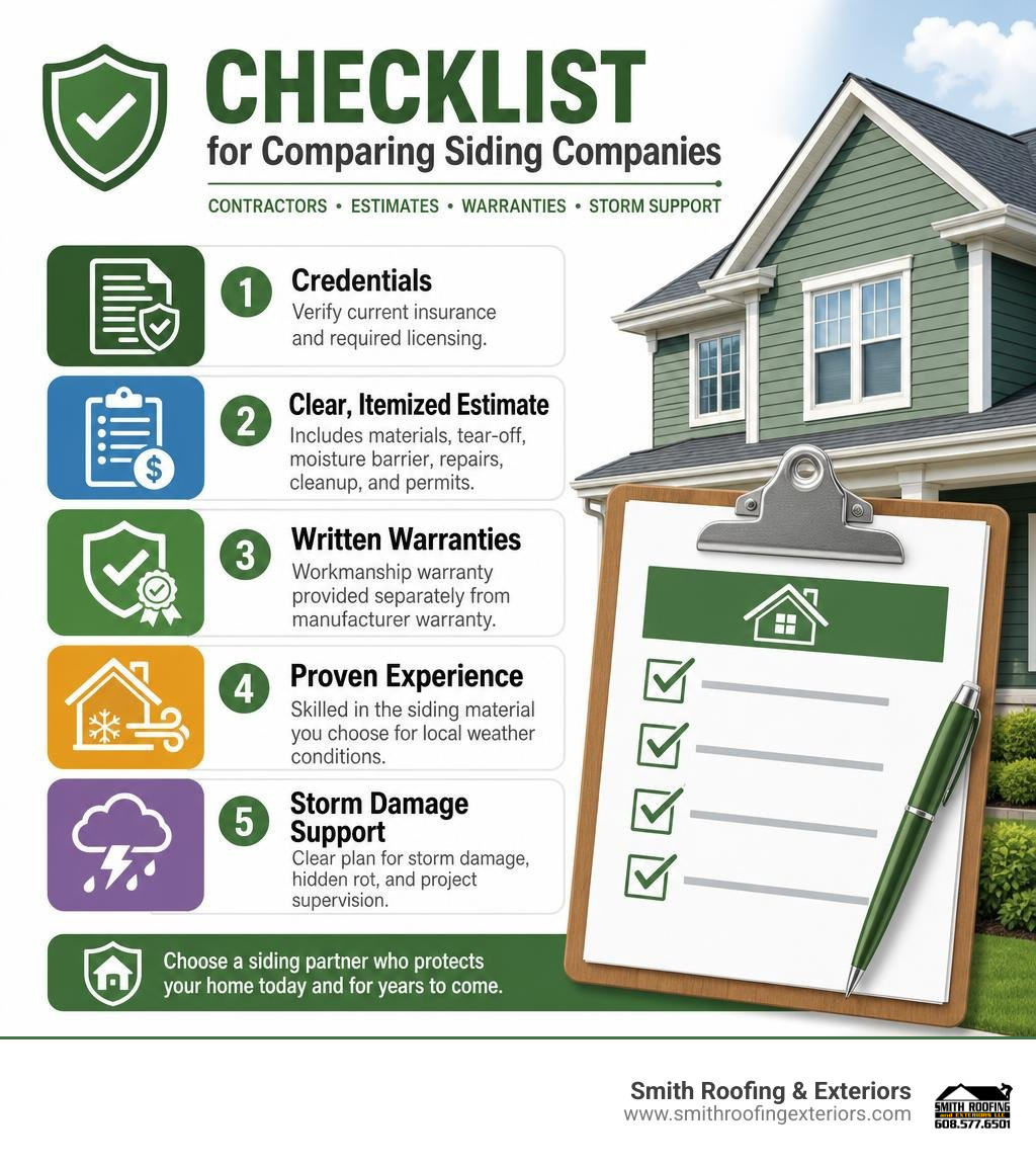 Checklist for comparing siding contractors, estimates, warranties, and storm damage support infographic Checklist for comparing siding contractors, estimates, warranties, and storm damage support infographic