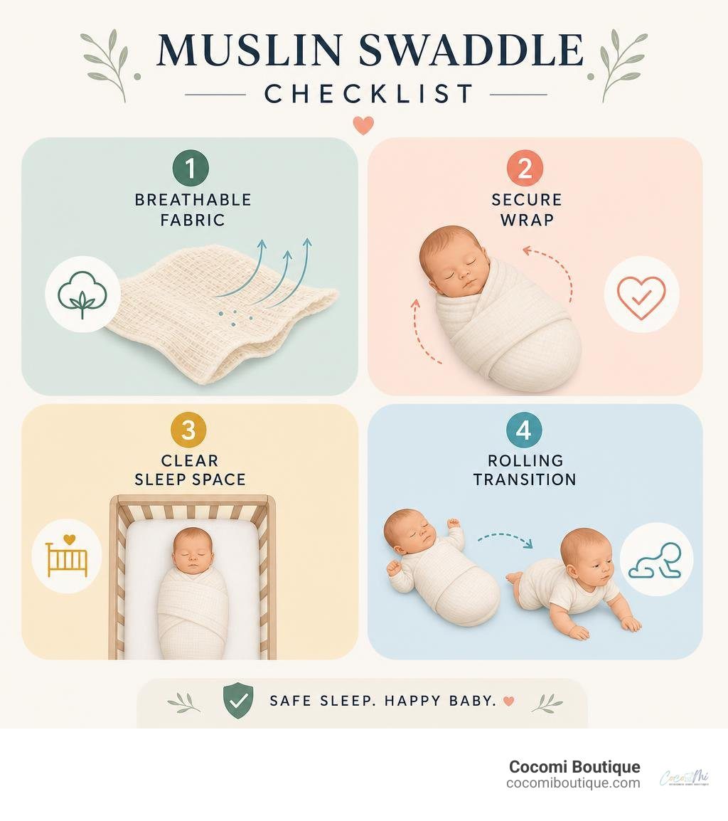 Muslin swaddle checklist: breathable fabric, secure wrap, clear sleep space, rolling transition infographic