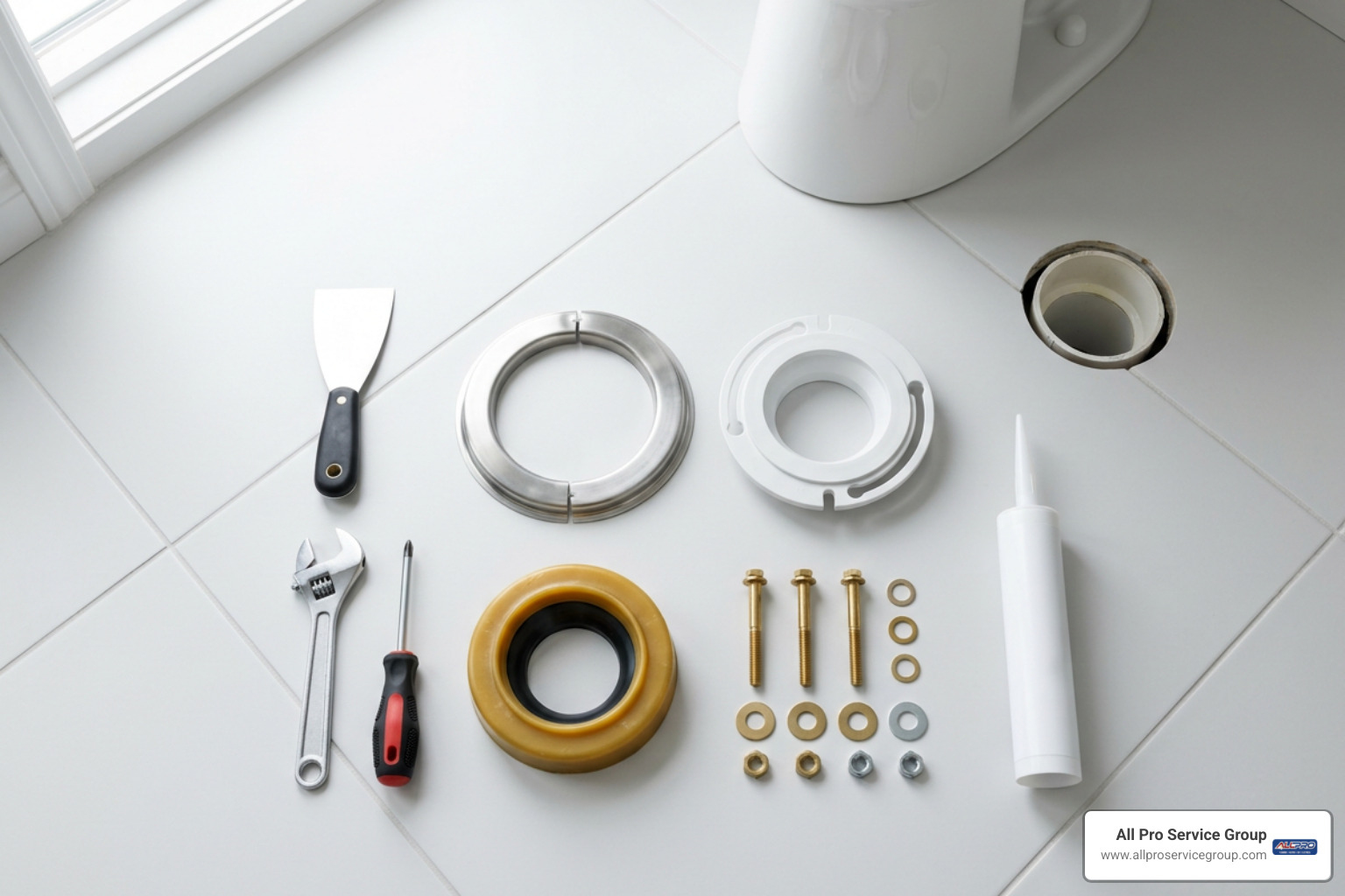 toilet flange repair tools and hardware organized on bathroom floor