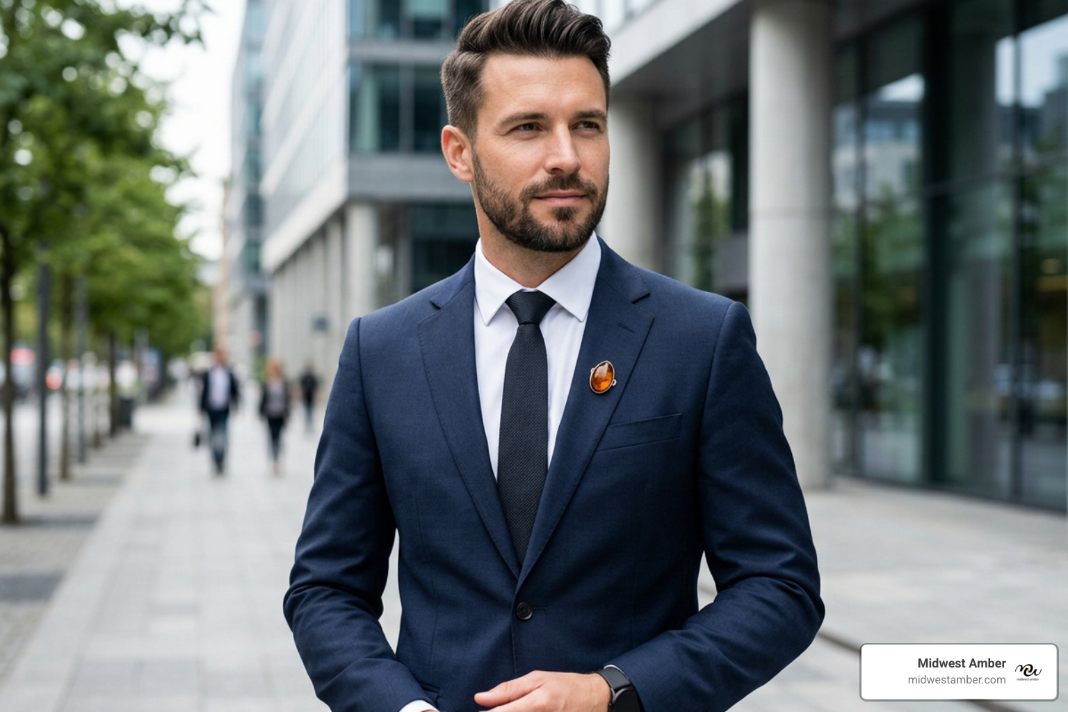man wearing Baltic amber brooch