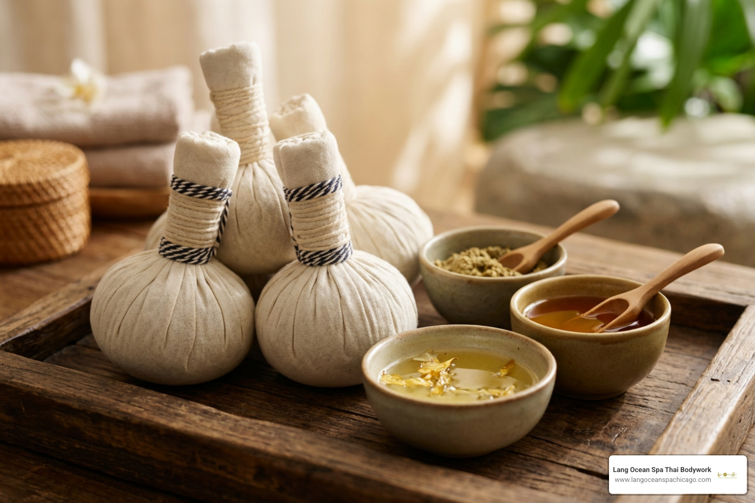 Selection of Thai herbal compresses and botanical oils Selection of Thai herbal compresses and botanical oils