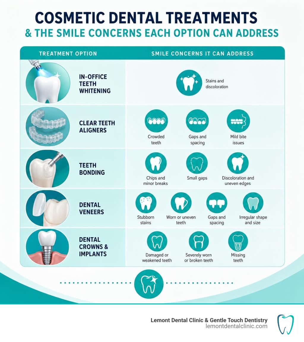 Cosmetic dental treatments and the smile concerns each option can address infographic