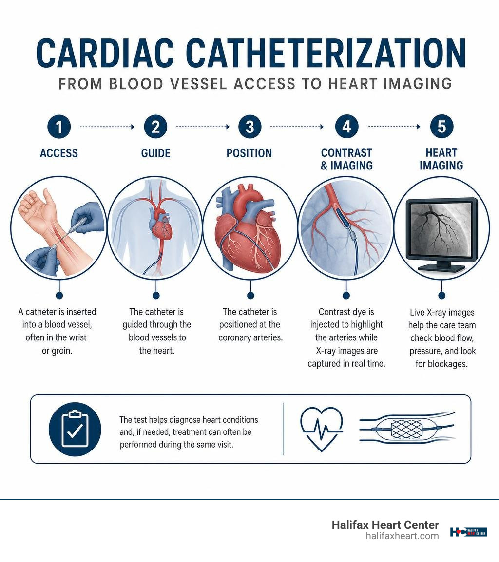 Cardiac catheterization steps from blood vessel access to heart imaging infographic Cardiac catheterization steps from blood vessel access to heart imaging infographic
