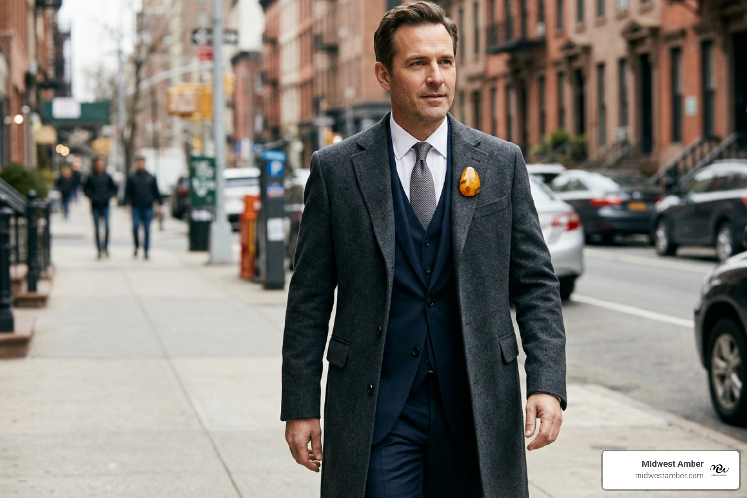 styling a butterscotch Baltic amber brooch on a wool overcoat and suit lapel