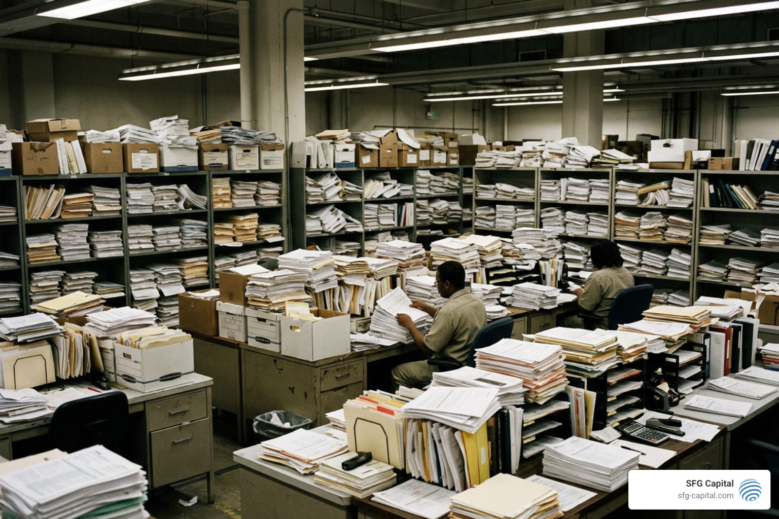 Paper tax returns stacked in an IRS processing facility Paper tax returns stacked in an IRS processing facility