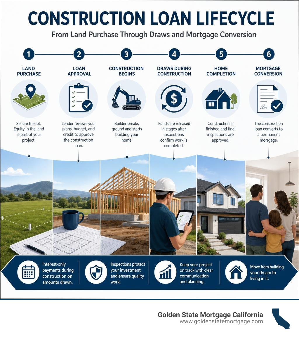 Construction loan lifecycle from land purchase through draws and mortgage conversion infographic