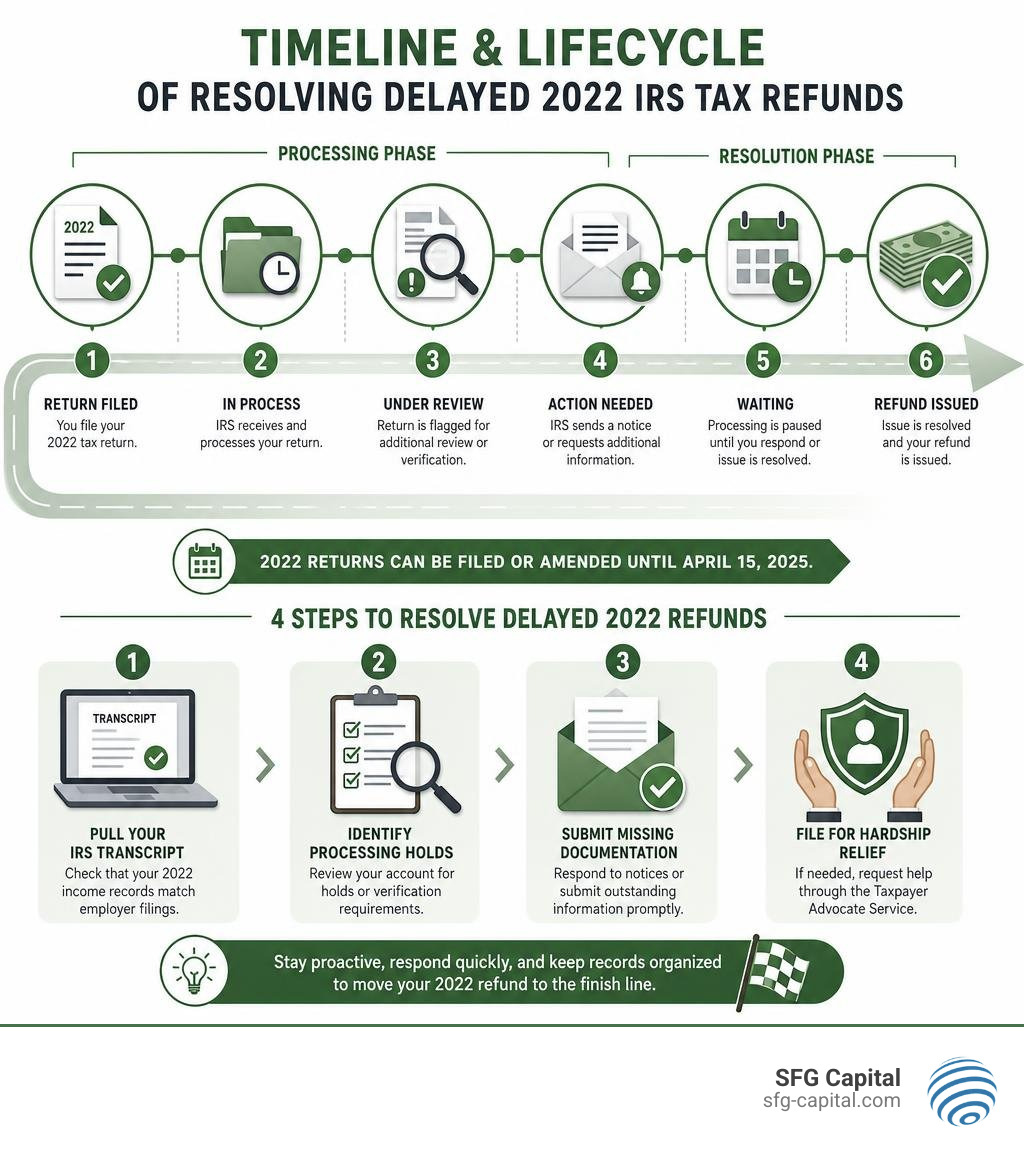 Timeline and lifecycle of resolving delayed 2022 IRS tax refunds infographic Timeline and lifecycle of resolving delayed 2022 IRS tax refunds infographic