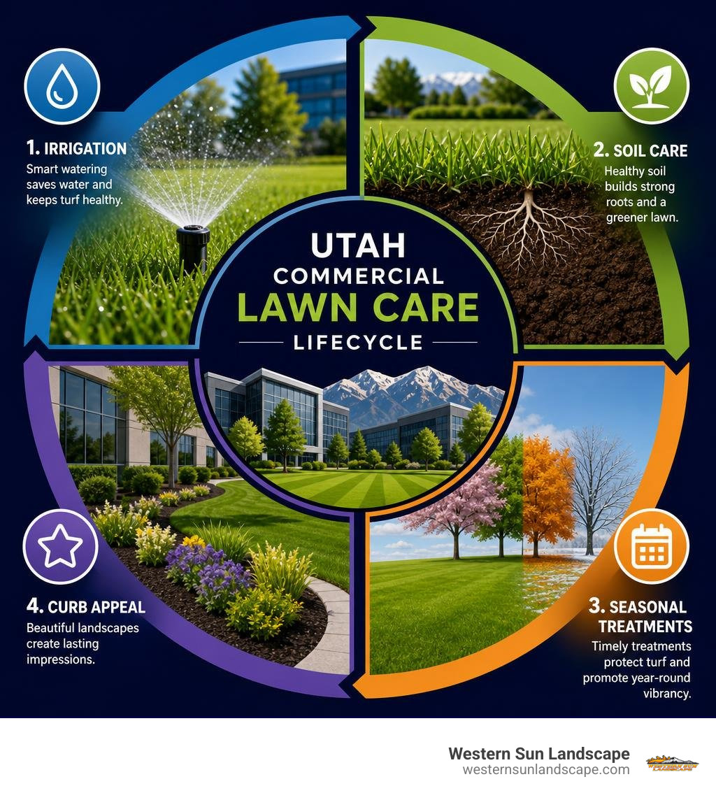Utah commercial lawn care lifecycle: irrigation, soil care, seasonal treatments, and curb appeal infographic Utah commercial lawn care lifecycle: irrigation, soil care, seasonal treatments, and curb appeal infographic