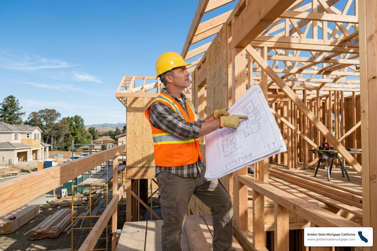 Building inspector reviewing blueprints and structural work on site