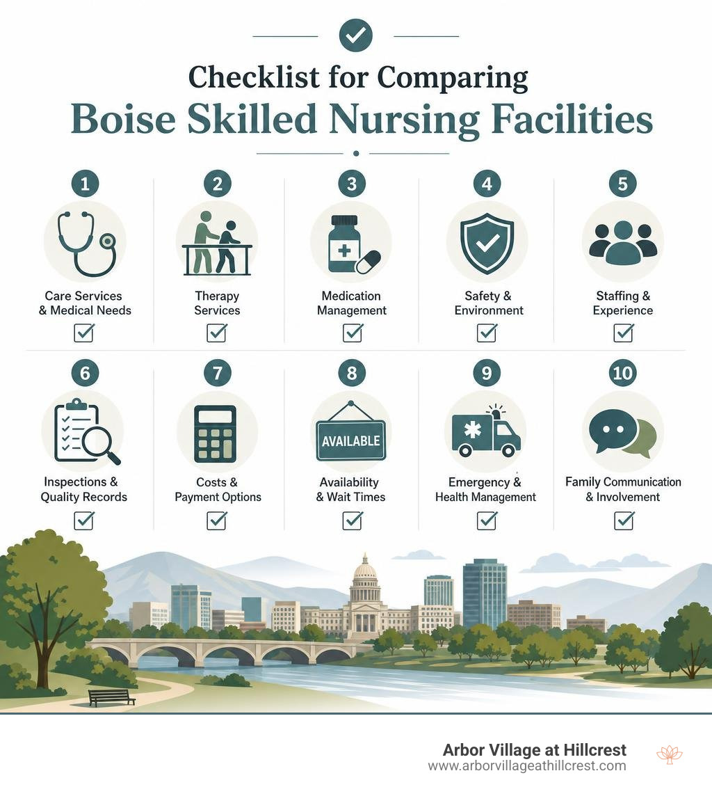 Checklist for comparing Boise skilled nursing facilities infographic Checklist for comparing Boise skilled nursing facilities infographic