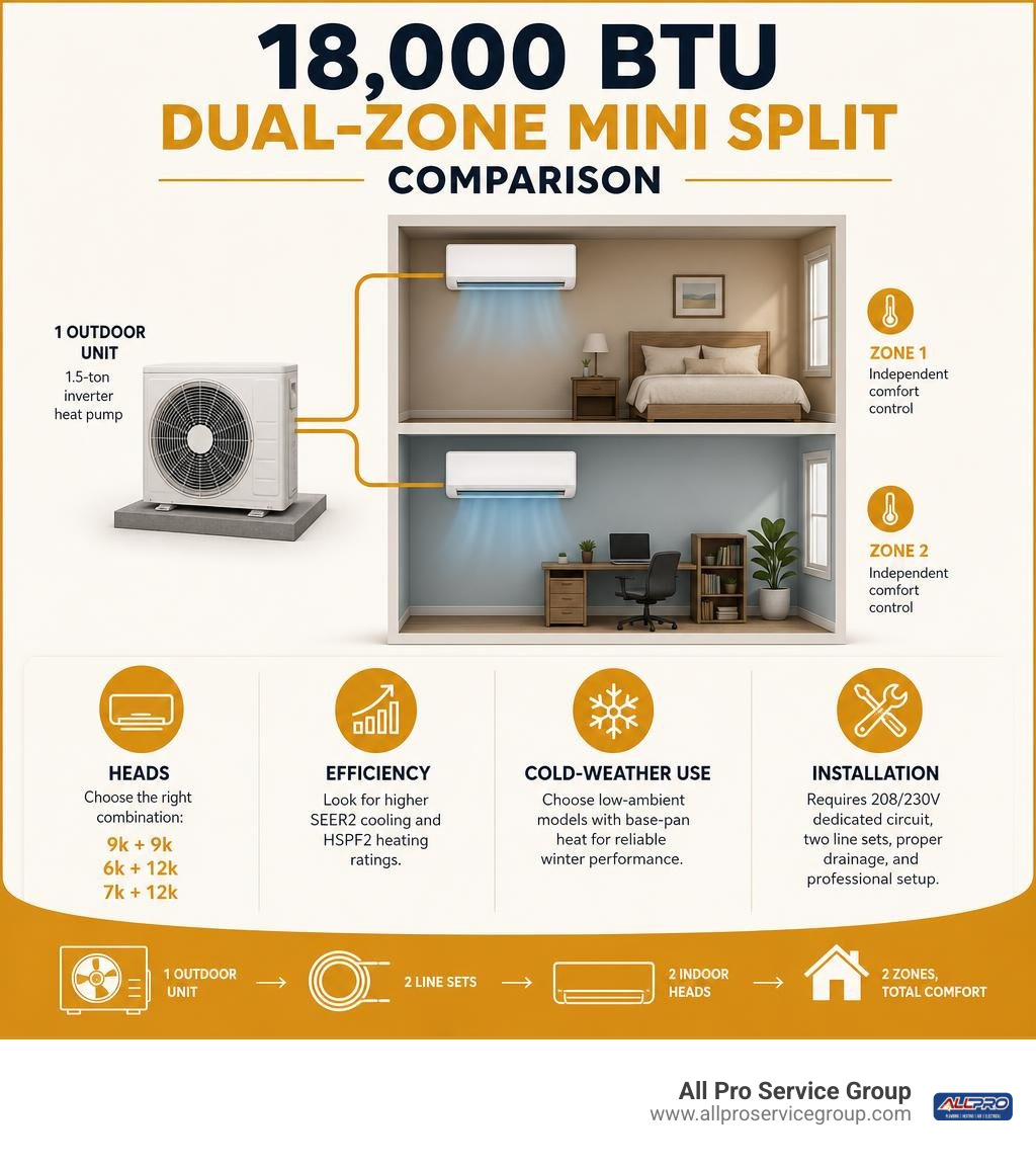 18,000 BTU dual-zone mini split comparison: heads, efficiency, cold-weather use, installation infographic 18,000 BTU dual-zone mini split comparison: heads, efficiency, cold-weather use, installation infographic