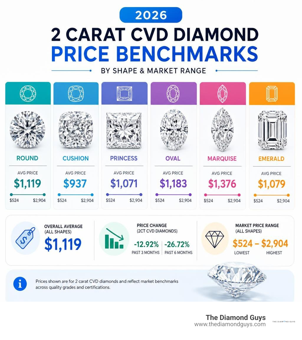 2026 2 carat CVD diamond price benchmarks by shape and market range infographic 2026 2 carat CVD diamond price benchmarks by shape and market range infographic