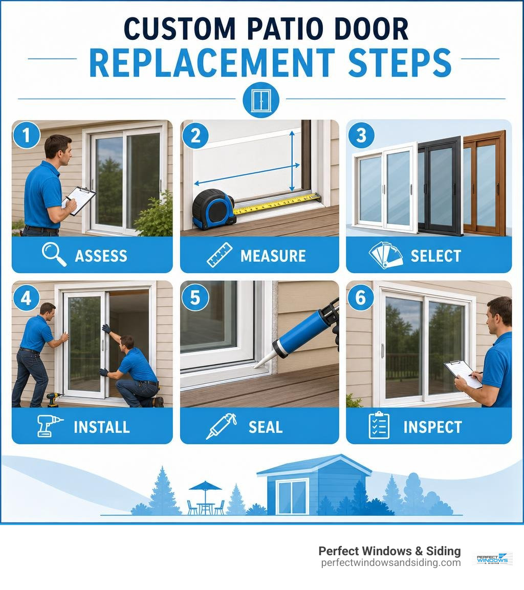 Custom patio door replacement steps: assess, measure, select, install, seal, inspect infographic Custom patio door replacement steps: assess, measure, select, install, seal, inspect infographic