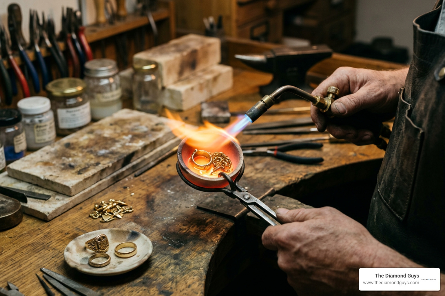 Inherited vintage gold jewelry being remelted into modern wedding bands Inherited vintage gold jewelry being remelted into modern wedding bands