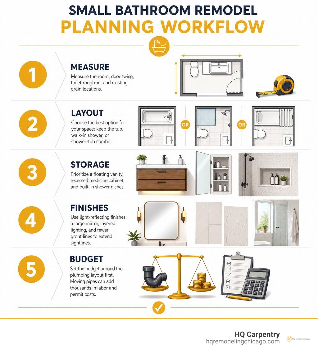 Small bathroom remodel planning workflow: measure, layout, storage, finishes, budget infographic