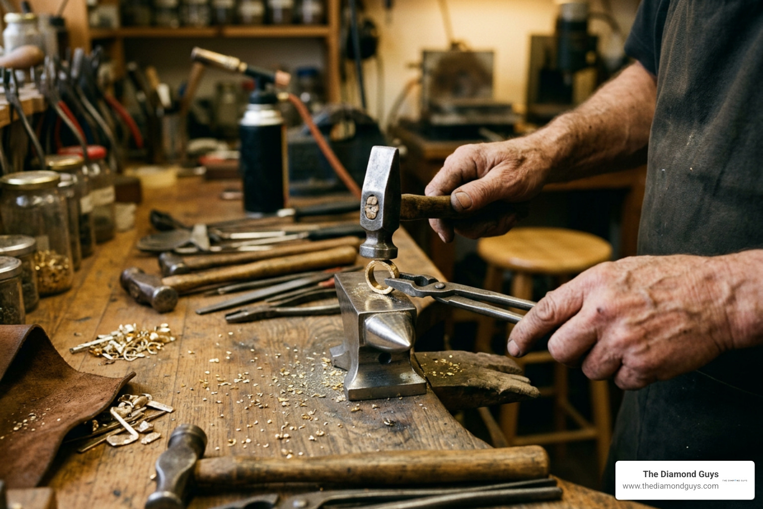 Traditional bench goldsmith tools shaping a recycled precious metal ring Traditional bench goldsmith tools shaping a recycled precious metal ring