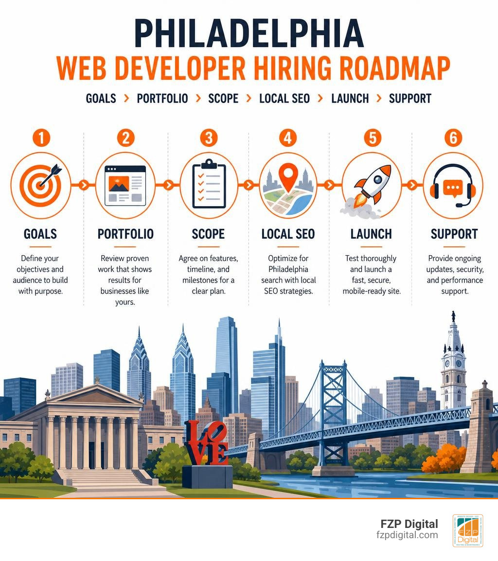 Philadelphia web developer hiring roadmap: goals, portfolio, scope, local SEO, launch, support infographic Philadelphia web developer hiring roadmap: goals, portfolio, scope, local SEO, launch, support infographic
