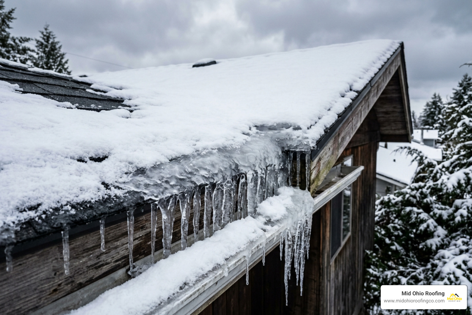 Ice dam along shingle eaves