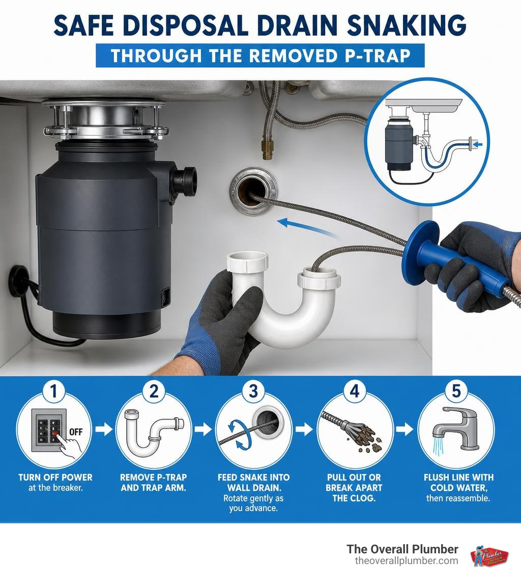 Infographic showing safe disposal drain snaking through the removed P-trap infographic Infographic showing safe disposal drain snaking through the removed P-trap infographic