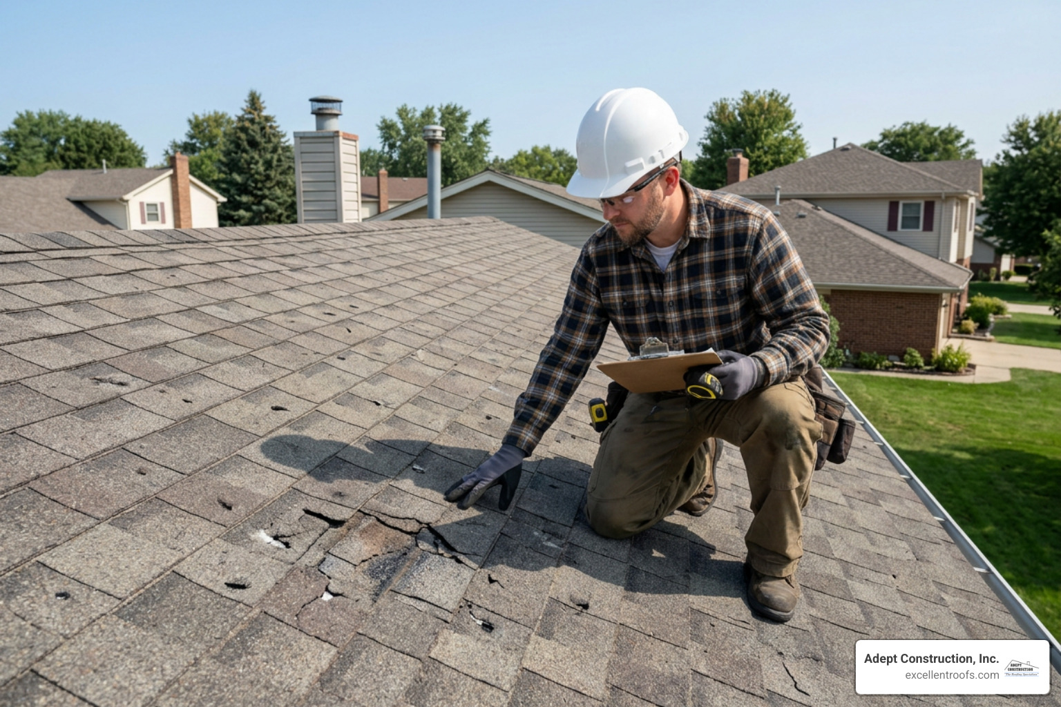 Storm restoration contractor inspecting hail damage on a roof Storm restoration contractor inspecting hail damage on a roof