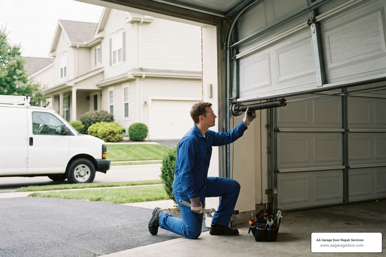 Technician examining overhead door hardware Technician examining overhead door hardware
