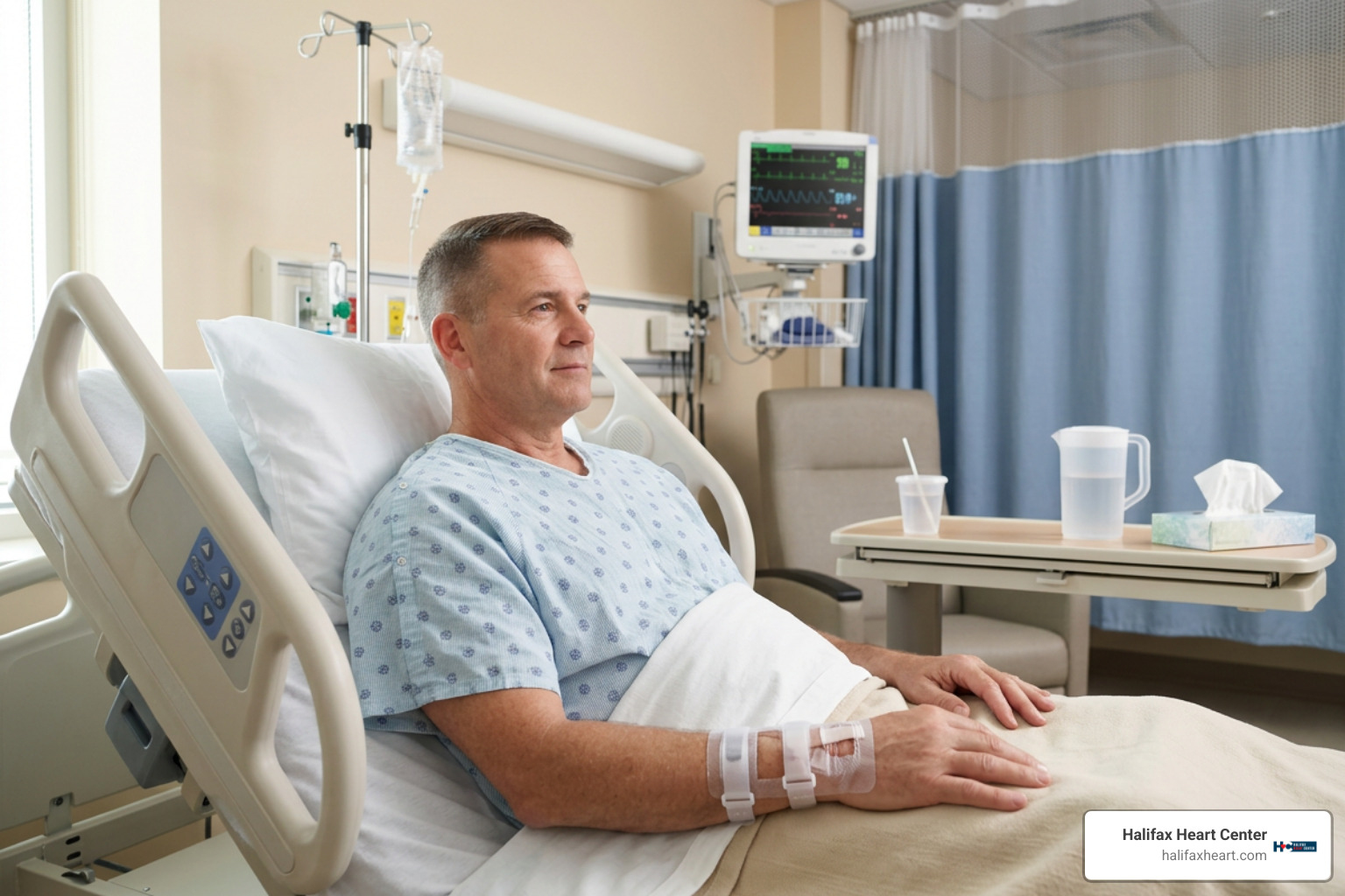 Patient resting post-procedure with a radial compression band Patient resting post-procedure with a radial compression band