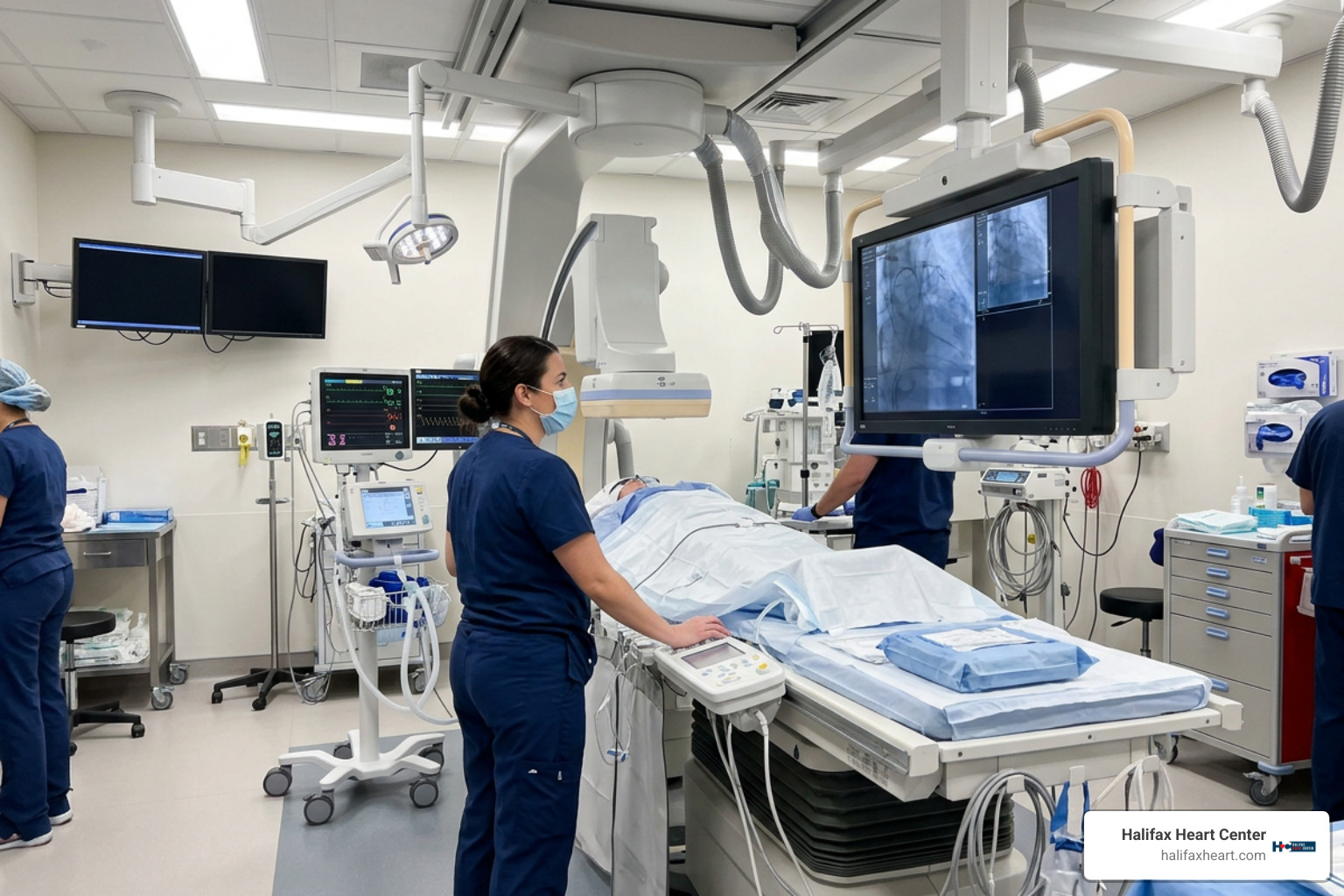 Cath lab technician setting up live fluoroscopy and patient monitoring Cath lab technician setting up live fluoroscopy and patient monitoring