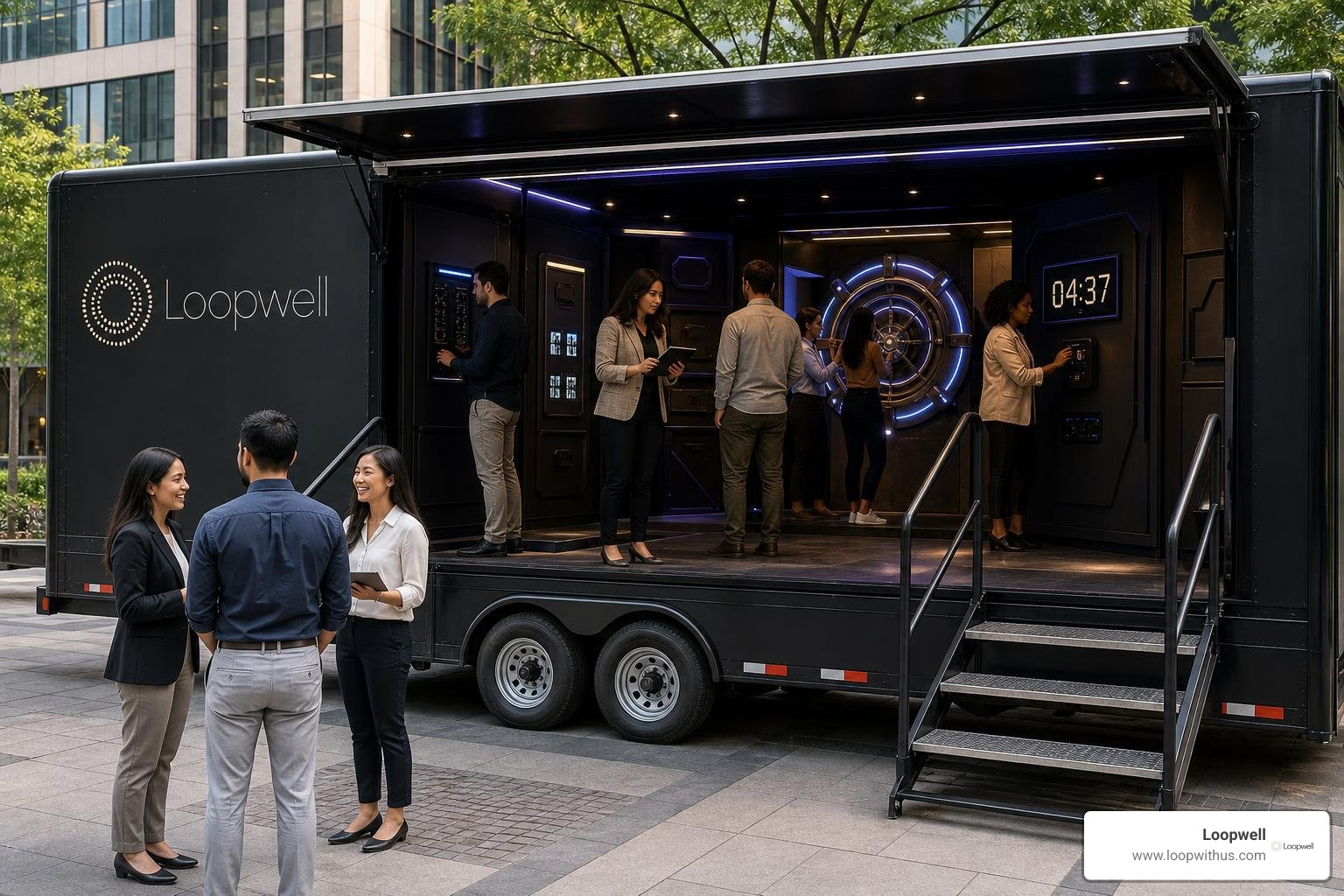 Interactive mobile activation trailer with escape challenge puzzle mechanics Interactive mobile activation trailer with escape challenge puzzle mechanics