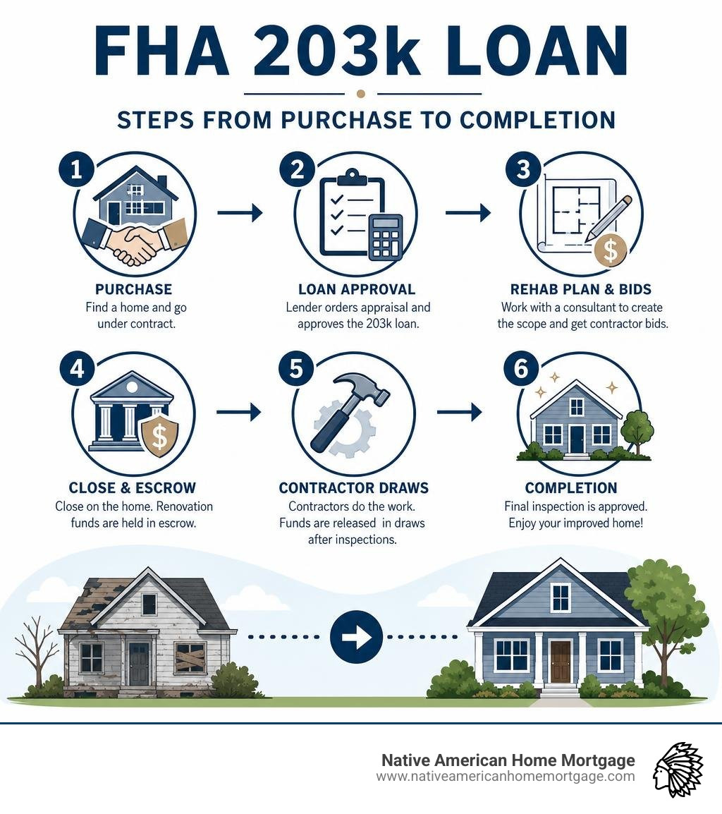 FHA 203k loan steps from property purchase through contractor draws and completion infographic