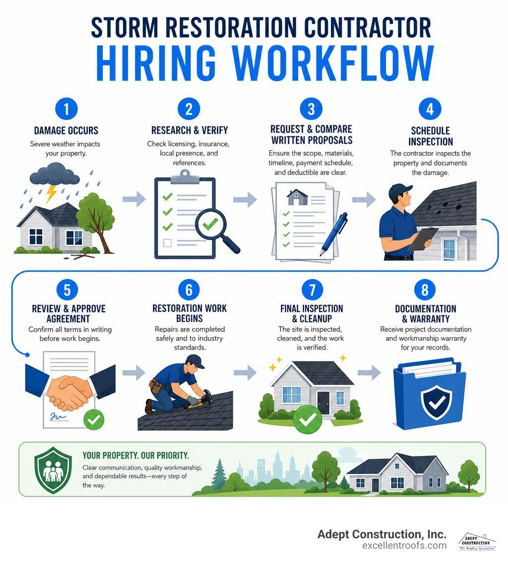 Storm restoration contractor hiring workflow infographic Storm restoration contractor hiring workflow infographic