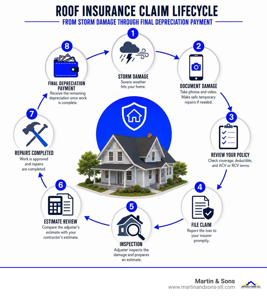Roof insurance claim lifecycle from storm damage through final depreciation payment infographic Roof insurance claim lifecycle from storm damage through final depreciation payment infographic