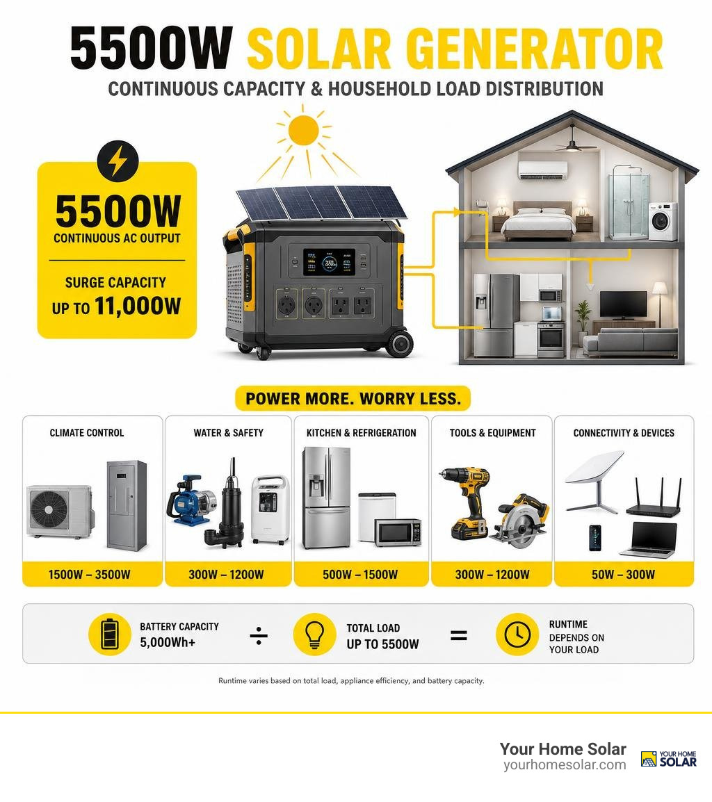 5500W solar generator continuous capacity and household appliance load distribution infographic 5500W solar generator continuous capacity and household appliance load distribution infographic