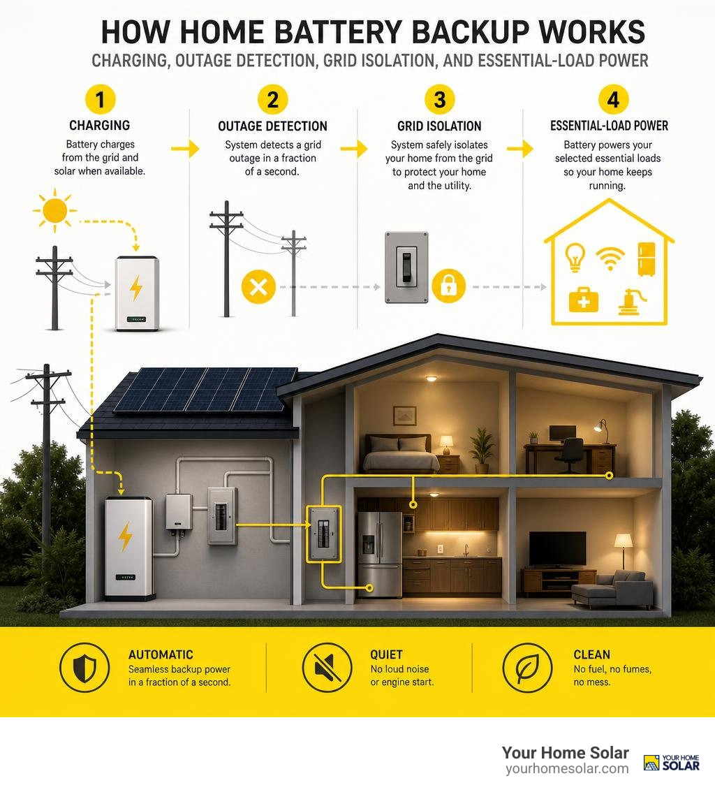 Home battery backup: charging, outage detection, grid isolation, and essential-load power infographic Home battery backup: charging, outage detection, grid isolation, and essential-load power infographic