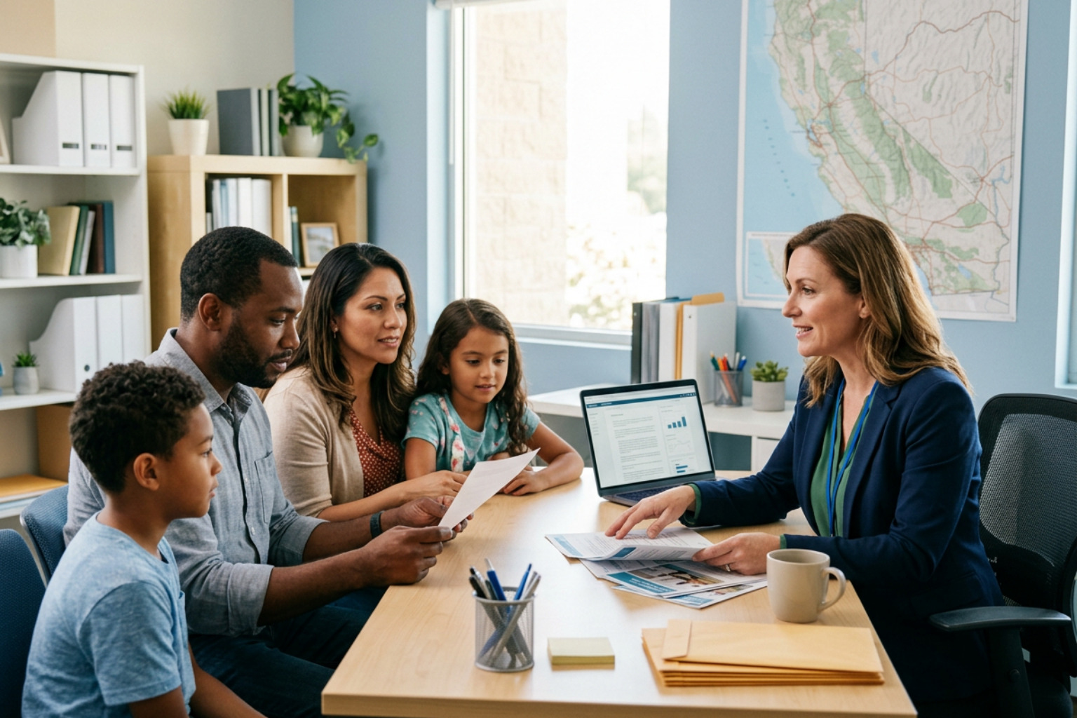 Housing specialist helping a family navigate local support options in an office