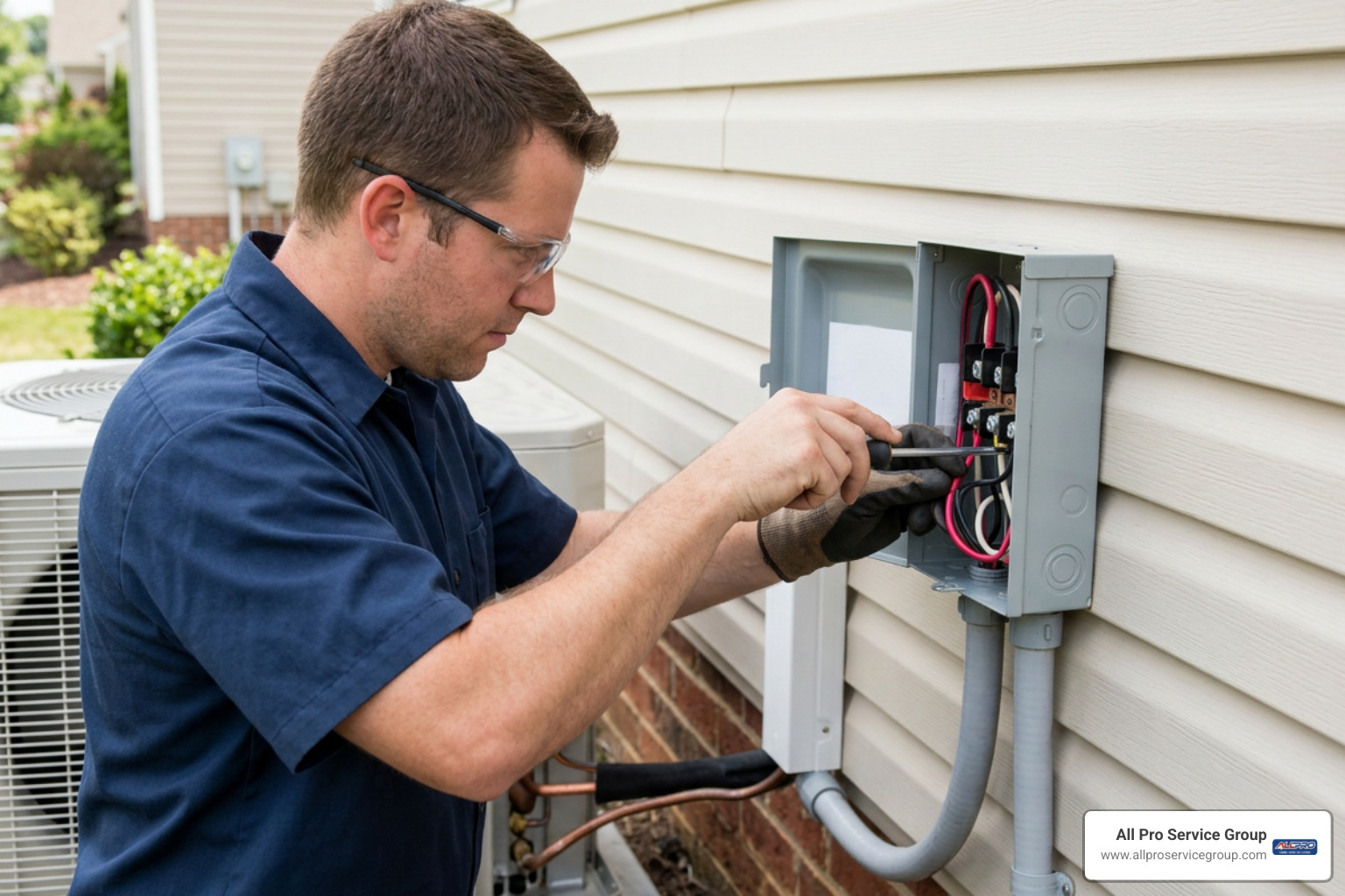 HVAC technician wiring a 208/230V outdoor disconnect switch for ductless heat pump HVAC technician wiring a 208/230V outdoor disconnect switch for ductless heat pump