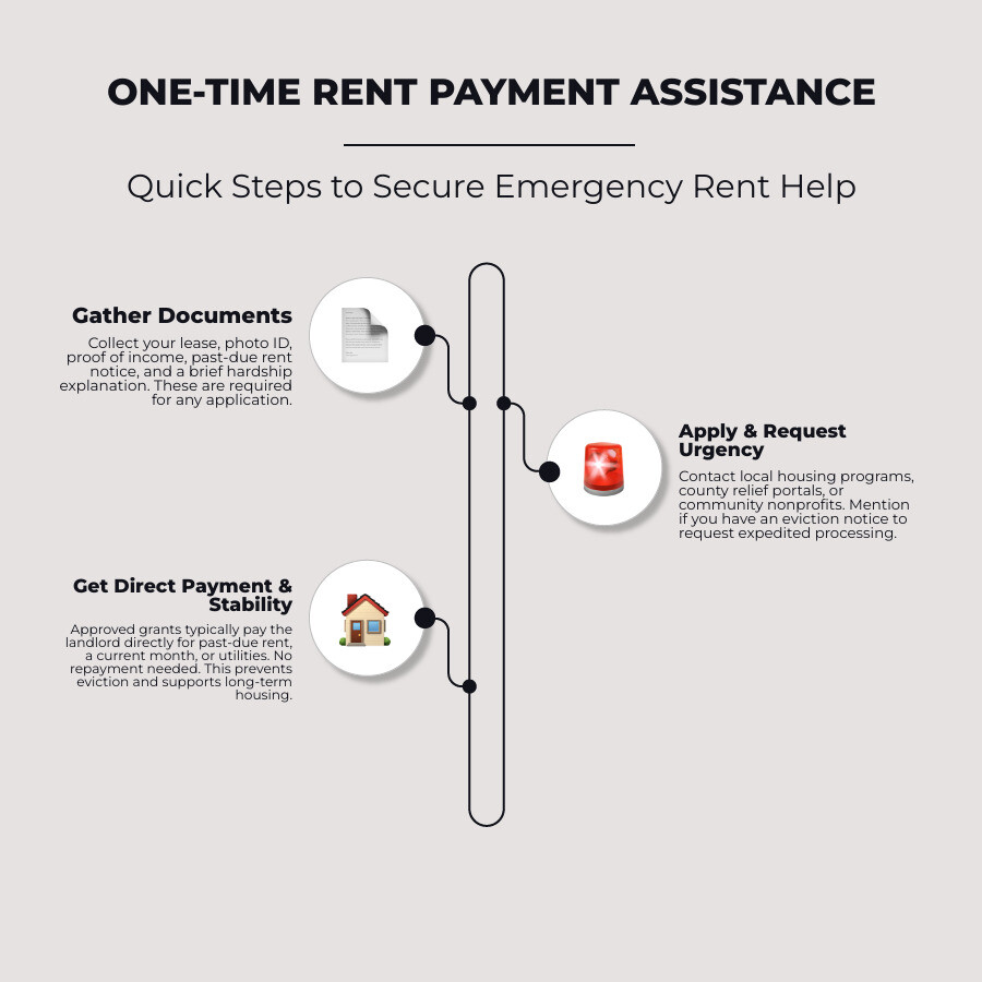 One-time rent help steps: documents, application, landlord payment, housing stability infographic