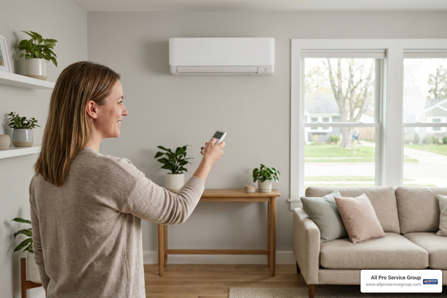 Modern ductless wall-mounted air handler with smart thermostat remote Modern ductless wall-mounted air handler with smart thermostat remote