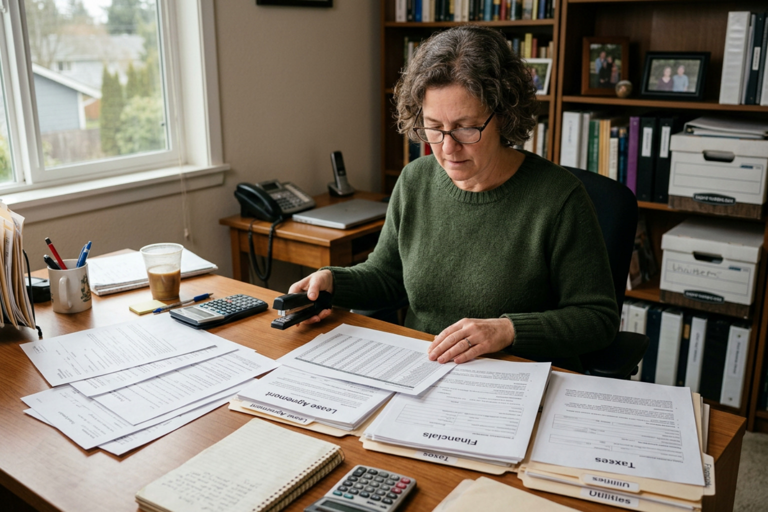 Tenant gathering financial documents and lease agreements at a desk