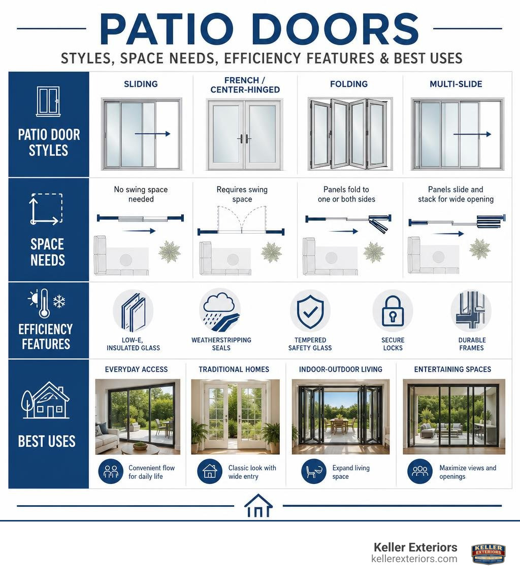 Patio door styles, space needs, efficiency features, and best uses infographic Patio door styles, space needs, efficiency features, and best uses infographic